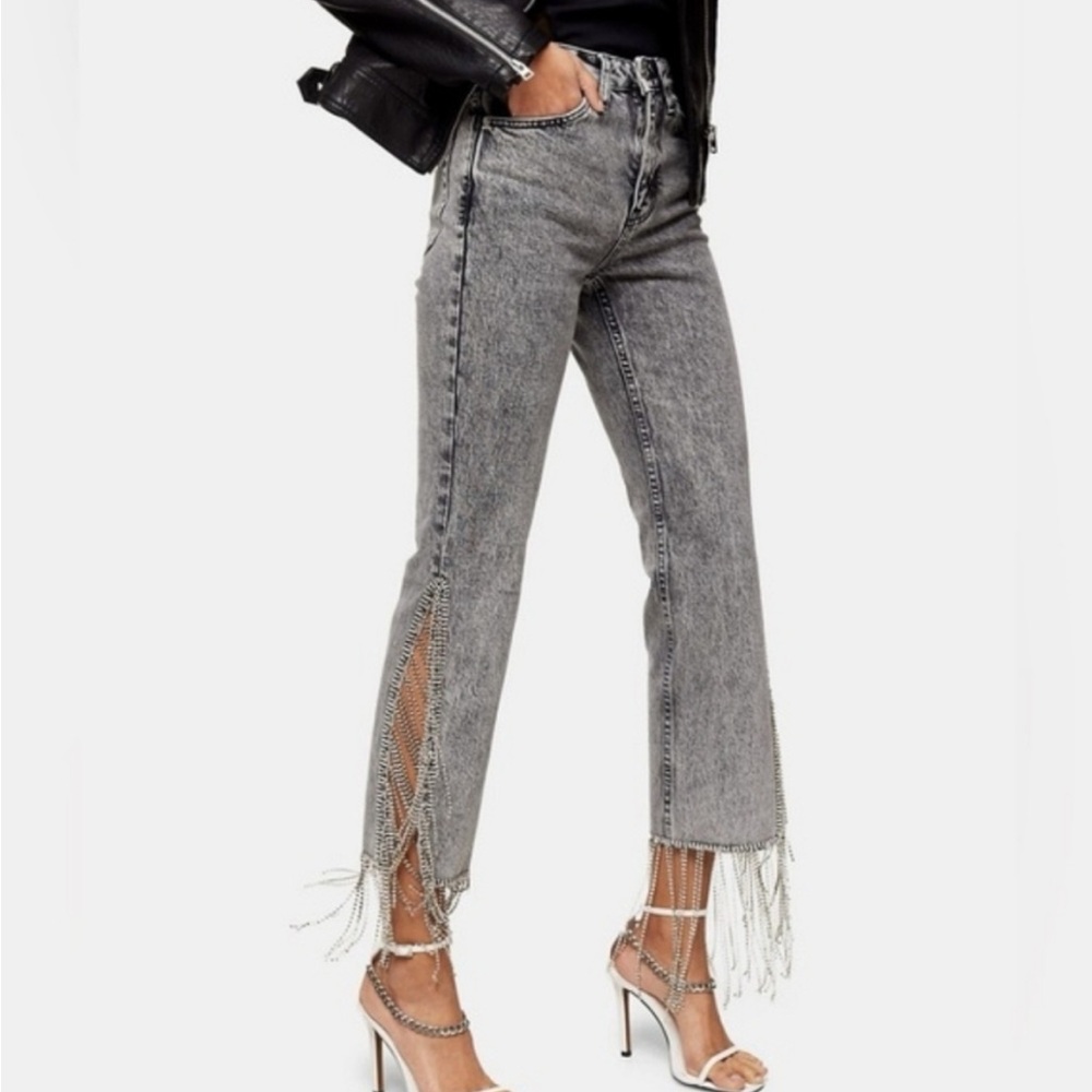 Topshop NWT Rhinestone Fringed Straight Leg High Waisted Jeans in Gray Size 28